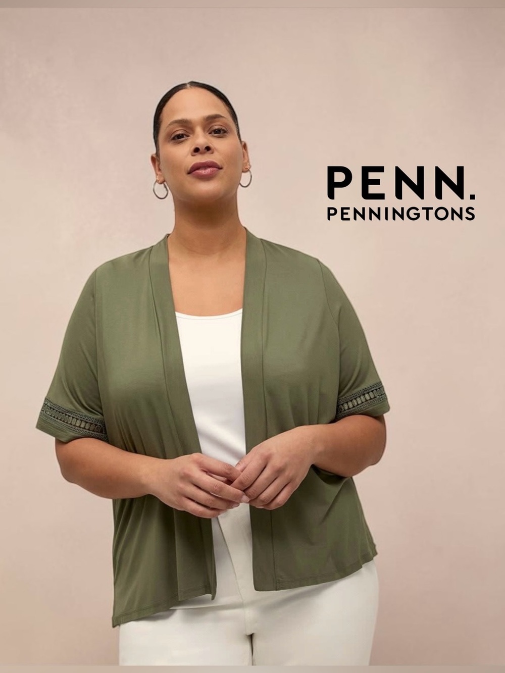 Penningtons, Plus Size 1X, Open Front Cardigan, Olive Green